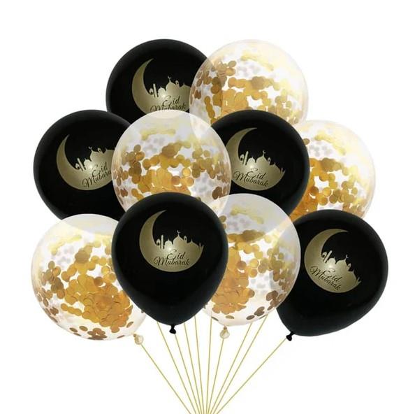 Elegant Eid Mubarak Balloon Set – Black & Gold Confetti